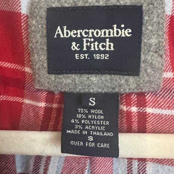 Abercrombie & Fitch Pea Coat Peacoat Jacket Womens Small Grey Red Plaid Wool - Picture 4 of 6